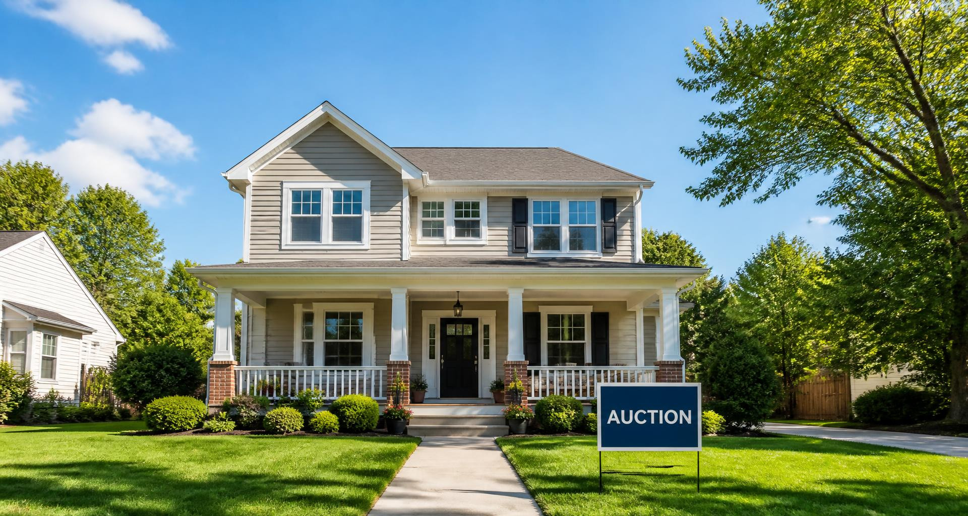 A single-family home with an auction sign in the front yard